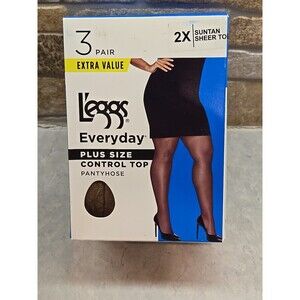L'eggs Pantyhose Plus Size 2X Suntan Sheer Toe Everyday Control Top 3 Pair NEW